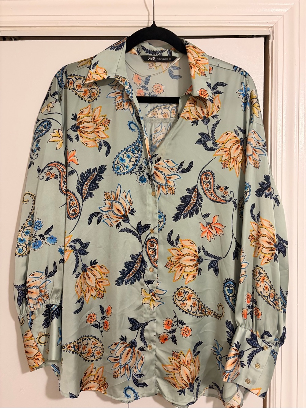 ZARA Women’s Light Green Floral Paisley Button-Up Shirt
